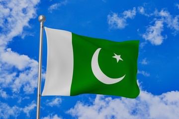Pakistan national flag waving isolated in the blue cloudy sky realistic 3d illustration