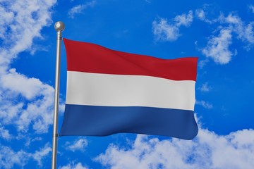 Netherlands national flag waving isolated in the blue cloudy sky realistic 3d illustration