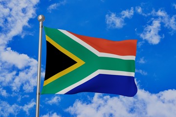 South Africa national flag waving isolated in the blue cloudy sky realistic 3d illustration