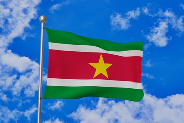 Suriname national flag waving isolated in the blue cloudy sky realistic 3d illustration