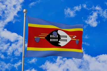 Swaziland national flag waving isolated in the blue cloudy sky realistic 3d illustration