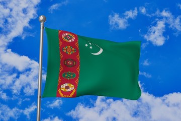 Turkmenistan national flag waving isolated in the blue cloudy sky realistic 3d illustration