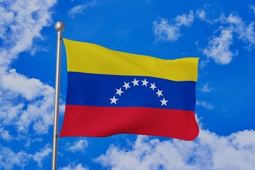 Fototapeta na wymiar Venezuela national flag waving isolated in the blue cloudy sky realistic 3d illustration