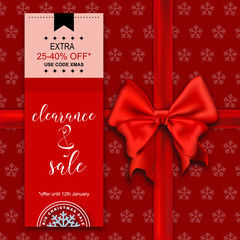 Fototapeta na wymiar Big Christmas Sale web banner, vector illustration. Red background with snowflakes pattern, realistic silk ribbon bow, cute flat snowflake, handwritten calligraphic text. Discount tag concept.