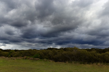 Dramatic Storm clouds over grassy fields