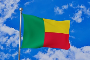 Benin national flag waving isolated in the blue cloudy sky realistic 3d illustration