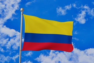 Colombia national flag waving isolated in the blue cloudy sky realistic 3d illustration
