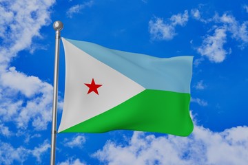 Djibouti national flag waving isolated in the blue cloudy sky realistic 3d illustration