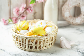 Decorated Easter eggs in the basket