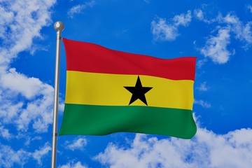 Ghana national flag waving isolated in the blue cloudy sky realistic 3d illustration