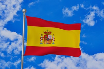 Obraz premium Spain national flag waving isolated in the blue cloudy sky realistic 3d illustration