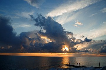 sunset at sea, seascape with clouds