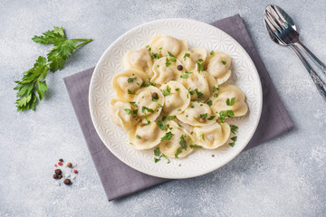 Traditional pelmeni, ravioli, dumplings filled with meat on plate, russian kitchen