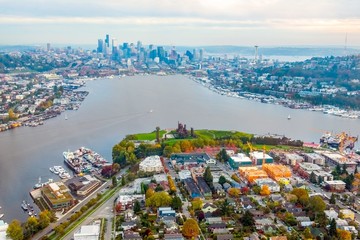 Downtown Seattle view from above Gasworks Park- Aerial - 228109789