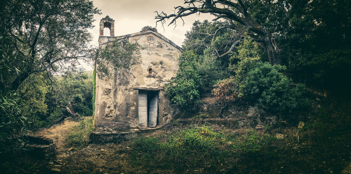 Abandoned chapel in woodland on Cap Corse in Corsica