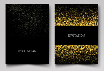 Invitation template with gold glitter confetti background. Festive greeting cards design for event