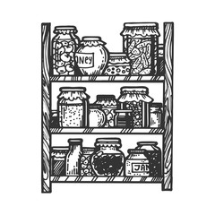 Fototapeta premium Jars of canned vegetables and fruits engraving vector illustration. Scratch board style imitation. Black and white hand drawn image.