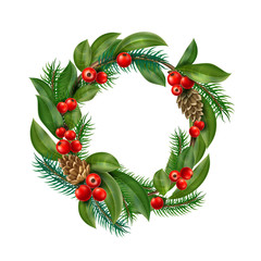 Vector christmas wreath with berry, cone leaves