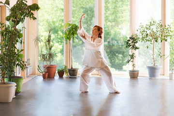 Young Woman praticing tai chi chuan in the home. Chinese management skill Qi's energy. - obrazy, fototapety, plakaty