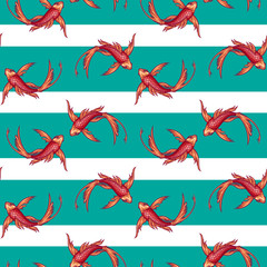 Koi fish seamless pattern. Vector illustration of koi carp isolated on stripes background.