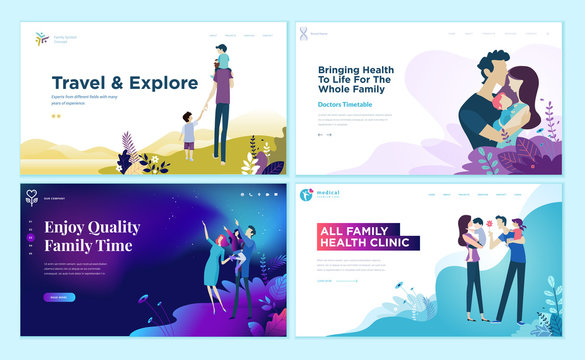 Set of web page design templates for family health care, travel and enjoying family activities. Modern vector illustration concepts for website and mobile website development. 