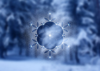 Vector festive template; Spiritual sacred geometry; "Flower of life" and crystal ice snowflake on fairytale winter photographic background; New year and Christmas; Yoga, meditation and relax.