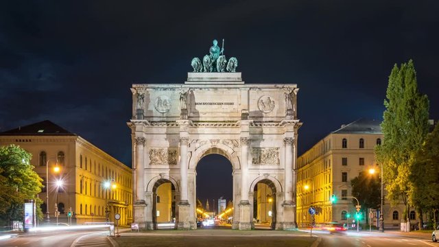 Siegestor (Victory Gate) at night, Minich, Bavaria, Germany. Time lapse video.