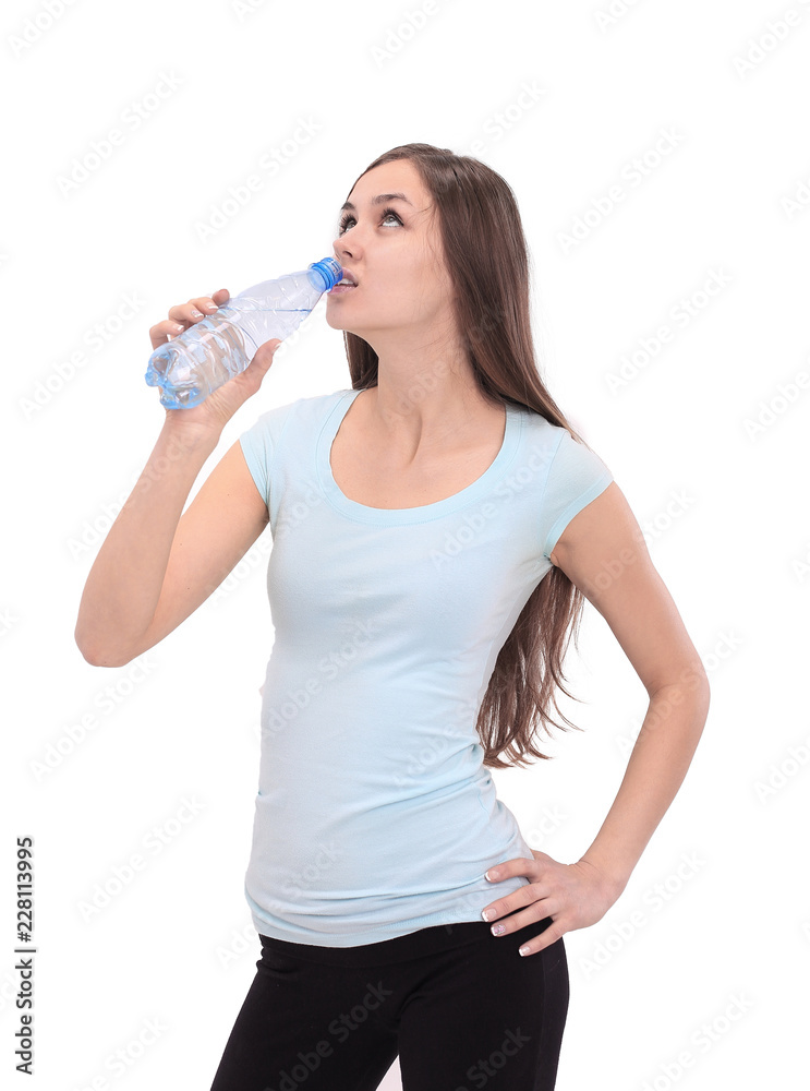 Wall mural fitness woman with water bottle.isolated on white