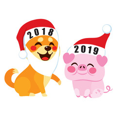 Old 2018 Chinese zodiac dog welcoming 2019 pig as New Year concept