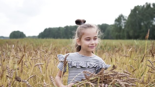 Little girl in the wheat field. Slow motion.