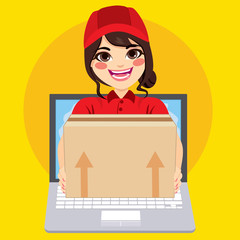 Young delivery courier woman popping out of laptop screen