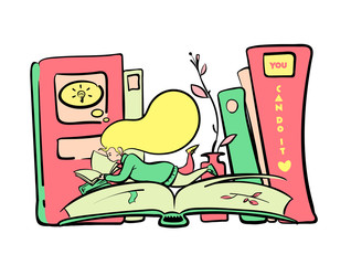 A cute girl reading a book. Education, knowledge for ideas. Business person for learning to success. Flat character design.