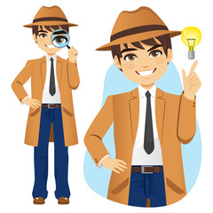 Professional detective holding magnifying glass and having brilliant idea light bulb concept