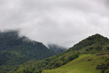 Fototapeta premium View of the hills at sunset in the foothills of the North Caucasus in Russia.