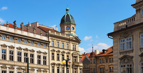 Fototapeta premium Prague, city street, panoramic view of Lesser Town Square, Kaiserstein Palace