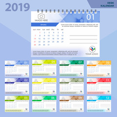 Desk Calendar 2019. Simple Colorful Gradient minimal elegant desk calendar template in white background.