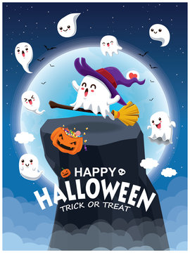Vintage Halloween poster design with vector witch ghost character. 