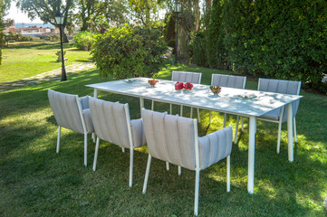 Garden dining table with chairs.