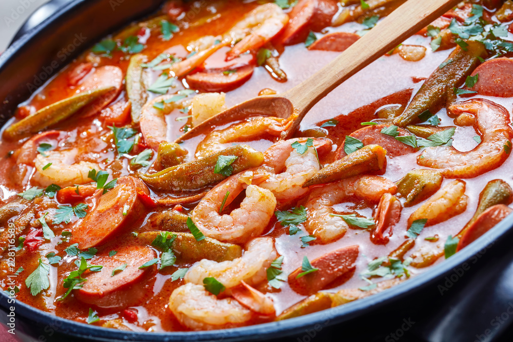 Sticker gumbo with prawns, okra and sausage