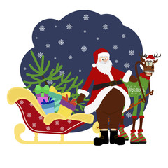 Santa Claus and cute deer with sleigh for merry christmas and new year holiday illustrations. Cute cartoon card.
