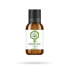 Realistic glass bottle with hemp oil. Mock up of cannabis oil extracts in jars. Medical Marijuana logo on the label. Vector illustration.