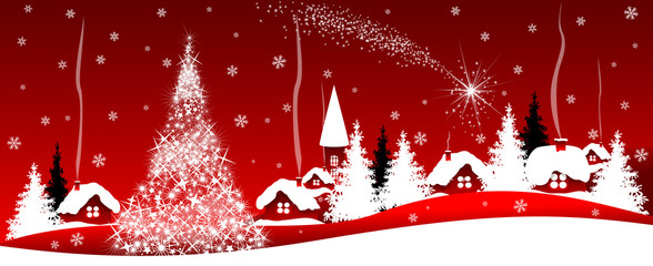 Shining Christmas star over the village. Night scene of a Christmas holiday on a red background