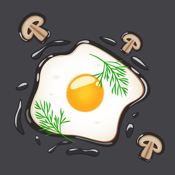 Fried eggs with dill and mushrooms, isolated on grey background. Vector illustration.