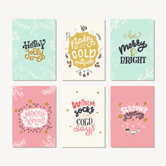Set of six holiday cards with hand lettering