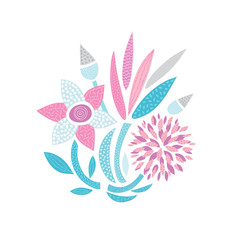 Vector abstract hand drawn flowers with different textures. Cutout floral composition. Freehand style. Unique design for card, invitation, wall decoration, sticker, print on clothes, packaging