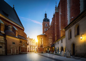 Fototapeta premium Old city center view with St. Mary's Basilica in Krakow, Poland. Night view.