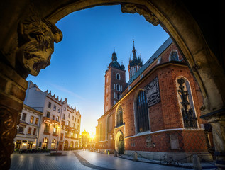 Old city center view with St. Mary's Basilica in Krakow, Poland.  Night view.