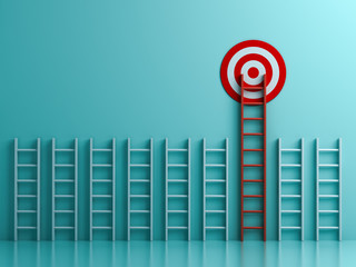 Long red ladder to goal target the business concept on blue pastel color background with shadows  3D rendering © masterzphotofo