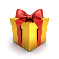 Gold gift box or present box with red ribbon bow isolated on white background with shadow 3D rendering