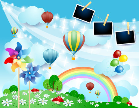 Spring landscape with balloons, pinwheels and photo frames